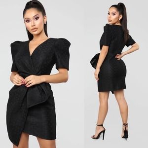 Fashion Nova Here to Stay Dress/black/Puffy Sleeve, Front Knot/Small/ Black